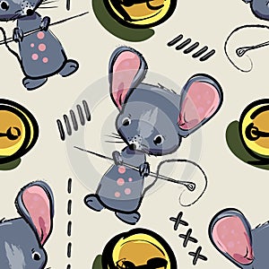 Mouse with a needle and buttons. Seamless pattern