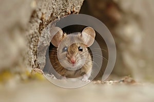 Mouse peeking from a hole in wall photo