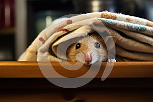 mouse peeking out from beneath a dishcloth on the table