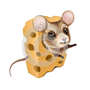 Mouse peeks out of a cheese