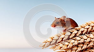 Mouse perched on wheat stalk at sunset