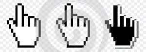 Mouse pixelated cursor. Mouse hand cursor. Computer Mouse click cursor. Black vector icon. Vector clipart.