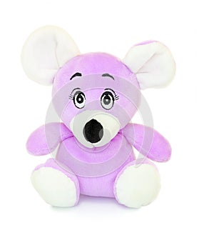 Mouse plushie doll isolated on white background with shadow reflection. Mouse plush stuffed puppet on white backdrop.