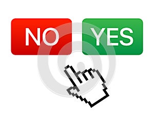 Mouse pointer hand choosing between YES and NO answer buttons, vector illustration