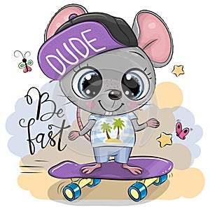 Mouse with a purple cap and a skateboard