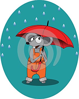 Mouse in rain autumn with umbrella - illustration, eps