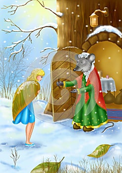 The mouse rescues Thumbelina in the winter from cold. Winter nature