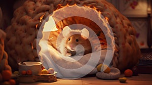 A mouse\'s house, a comfortably furnished burrow. Soft bed for mouse, pet