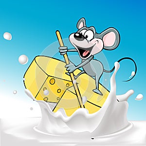 Mouse sails on raft cheese - vector