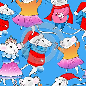 Mouse seamless pattern for the New Year 2020 on a blue background mouse girls and mouse boys