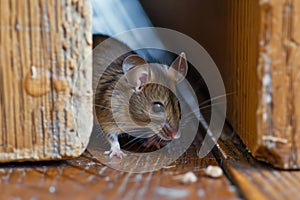 mouse with shiny fur seen through gap in a floorboard