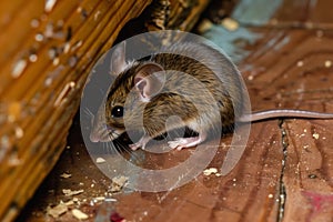 mouse with shiny fur seen through gap in a floorboard