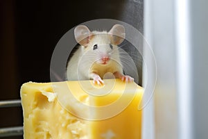 mouse sitting on a cheese block inside a fridge