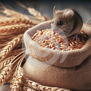 A mouse sitting on a sack of wheat.