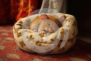 a mouse sleeping snugly inside a plush, soft fur slipper