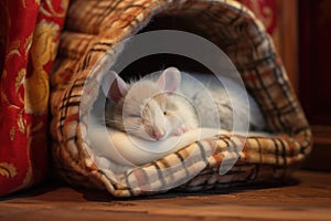 a mouse sleeping snugly inside a plush, soft fur slipper