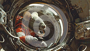 A mouse in a space suit is looking out the window of a spaceship by AI generated image