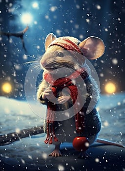 a mouse standing in the snow during the Christmas season, wearing a festive red outfit