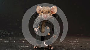 mouse strutting down the runway in a stylish coat, pants, and shoes, exuding high-end design flair with a cool and