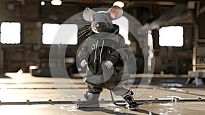 mouse strutting down the runway in a stylish coat, pants, and shoes, exuding high-end design flair with a cool and