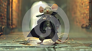 mouse strutting down the runway in a stylish coat, pants, and shoes, exuding high-end design flair with a cool and