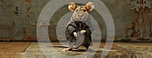 mouse strutting down the runway in a stylish coat, pants, and shoes, exuding high-end design flair with a cool and