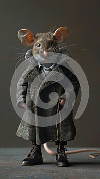 mouse strutting down the runway in a stylish coat, pants, and shoes, exuding high-end design flair with a cool and