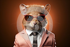 Mouse with sunglasses wearing suit and tie on solid background. Generative AI