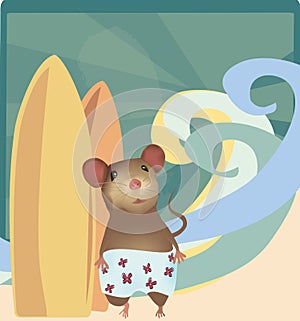 Mouse with Surf Boards on the Beach