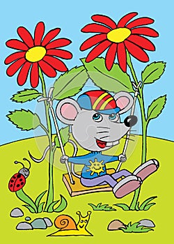 The mouse on the swing made from two flowers