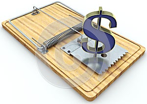 Mouse trap and dollar sign on white background