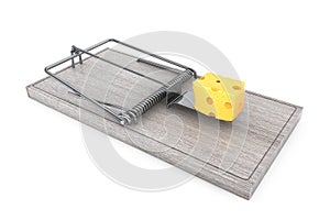 Mouse trap with a lpiece of cheese. 3d Rendering