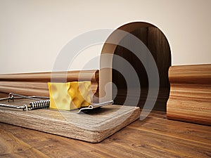 Mouse trap with a piece of cheese standing in front of the mouse hole. 3D illustration