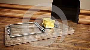 Mouse trap with a piece of cheese standing in front of the mouse hole. 3D illustration