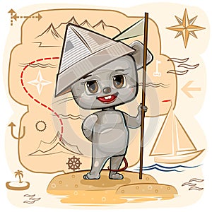 Mouse is traveler. Child Game. Map with route. Look for pirate treasures on island and have fun in sea adventures. Cute