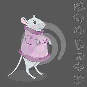 Mouse in a warm blouse looks at cheese. Funny character. New year. Greeting card. Vector.
