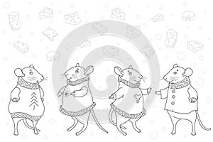 Mouse in a warm blouse looks at cheese. Funny character. Set of icons. Sketch. New year. Greeting card. Vector.