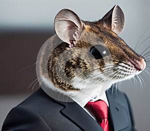 A mouse wearing a suit and tie standing on a table.