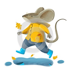 A mouse in a yellow coat and blue boots jumps over a puddle