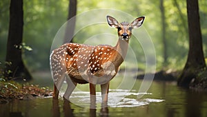 A mousedeer in forest and standing in the water