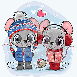 Mouses Boy and Girl in hats and coats photo