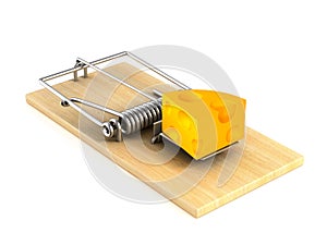 Mousetrap and cheese on white background. Isolated 3D illustration