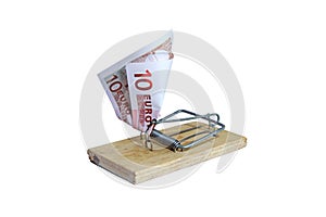 Mousetrap with euro banknote as bait