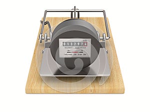 Mousetrap and kilowatt hour electric meter on white background. Isolated 3D illustration