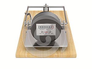 Mousetrap and kilowatt hour electric meter on white background. Isolated 3D illustration photo