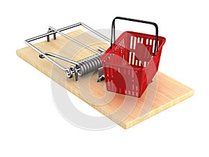 Mousetrap with shopping basket on white background. Isolated 3D