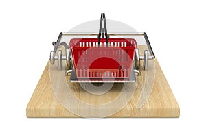 Mousetrap with shopping basket on white background. Isolated 3D illustration