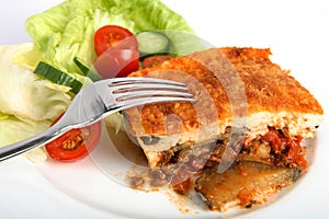 Moussaka dinner with fork