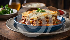 Moussaka on a table in a tavern dinner