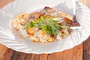 Moussaka on the white plate